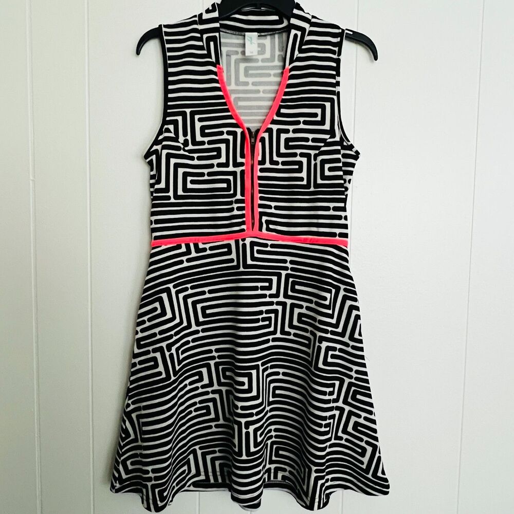 Vfish Bold Black/White/Pink Geometric V-Neck A-Line Dress M NWOT